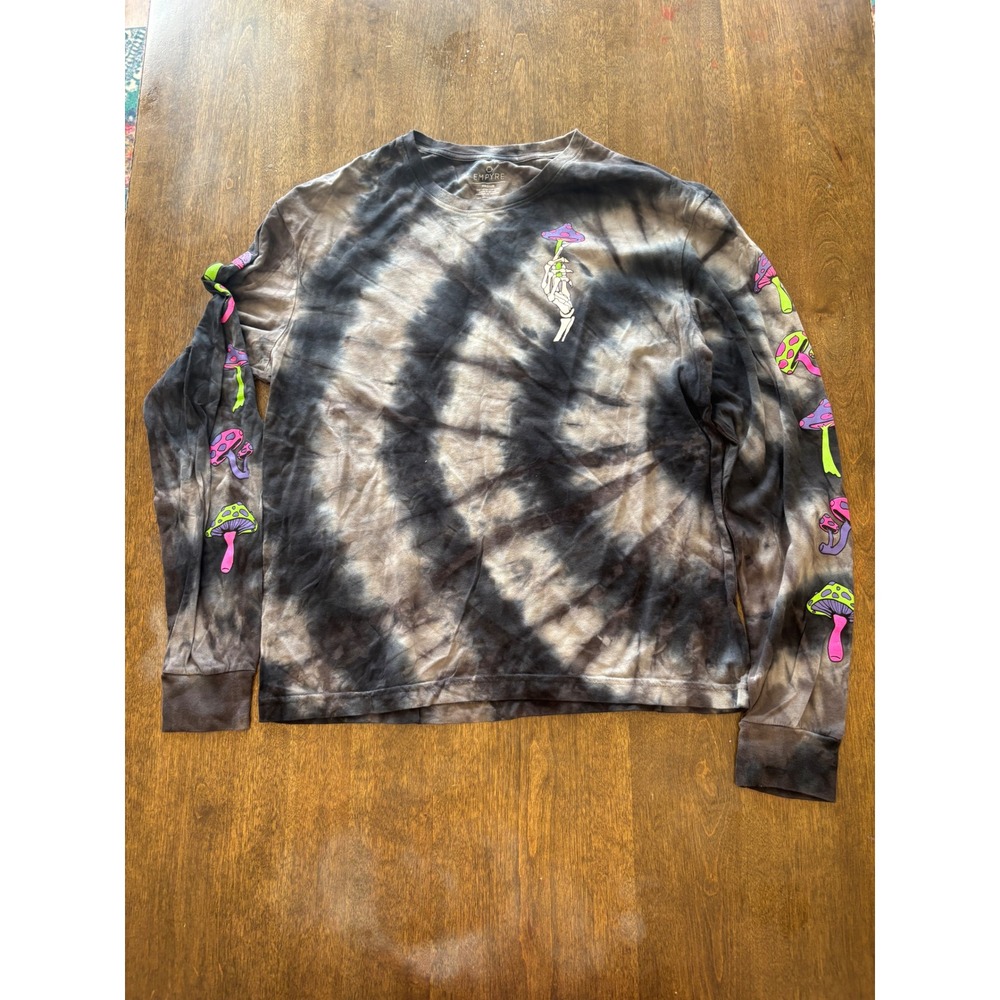 Empyre Mens Tie Dye Long Sleeve Mushroom Skeleton Graphic Shirt Black Grey M